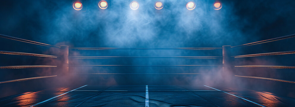 professional boxing ring with spotlights and dark background
