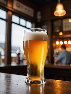 Photo Of Cold Beer Pour In Glass From Crane In Pub Background.