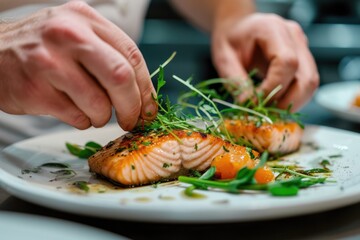 Close-up of a chefs hands adding a garnish to a salmon dinner plate. 