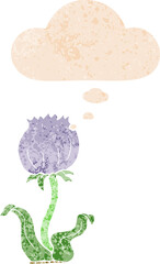 cartoon wild flower and thought bubble in retro textured style