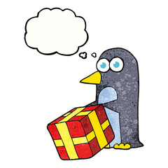thought bubble textured cartoon penguin with christmas present