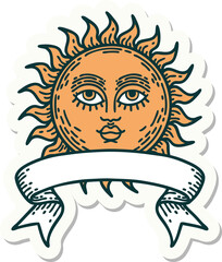 tattoo sticker with banner of a sun with face