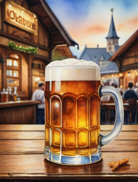 Photo Of Oktoberfest, Watercolor Illustration With Glass Of Lager In Picturesque Style, Bar, Drink Menu, Celebration, Beer Poster.