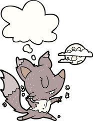 cartoon werewolf changing in moonlight and thought bubble