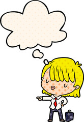cartoon efficient businesswoman and thought bubble in comic book style