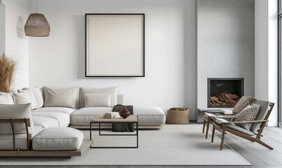 Interior of modern living room with white walls, concrete floor, comfortable sofa with cushions, coffee table and mock up poster frame
