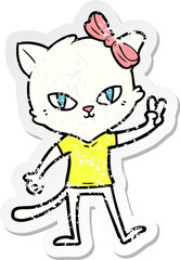 distressed sticker of a cute cartoon cat girl giving peace sign