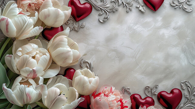 Frame with red hearts and white tulips, free space for text.