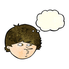 cartoon suspicious man with thought bubble