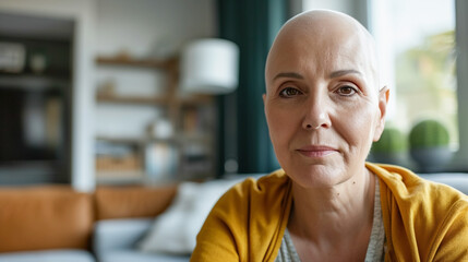 Middle aged woman without hair with cancer at home, cancer survivor.  - obrazy, fototapety, plakaty