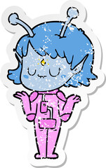 distressed sticker of a cartoon alien girl