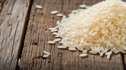 Close-up macro shot of rice on wooden table.