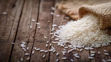Close-up macro shot of rice on wooden table.