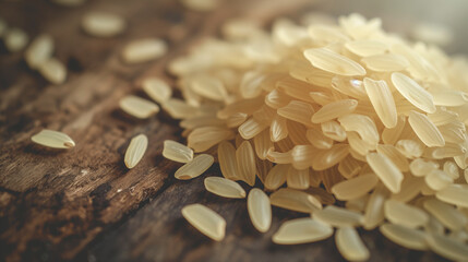 Obraz premium Close-up macro shot of rice on wooden table.