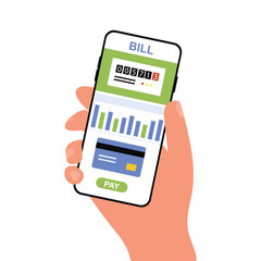Pay for electricity using mobile app on phone. hand holding smartphone to pay for electricity consumption, electricity bill on screen, person monitoring electricity consumption using mobile app vector