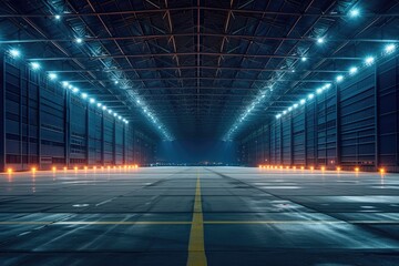 Obraz premium Empty hangar by night with lights on. 
