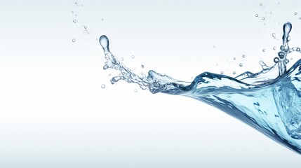 Obraz premium Fluid water with splashing droplets against white backdrop. Banner. Copy space. Concept of hydration, purity, delivery of drinking water, and environmental aesthetics.