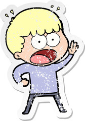 distressed sticker of a cartoon shocked man