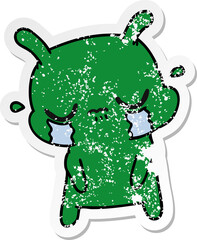 distressed sticker cartoon of cute sad alien