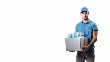 Delivery man in blue holding a box of water bottles. White background. Banner. Copy space. Concept of beverage delivery, hydration service, bottled water, and distribution.