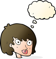 cartoon happy female face with thought bubble