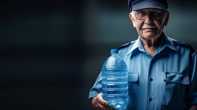 Senior worker with a large water bottle. Dark background. Banner. Copy space. Concept of healthy hydration habits, senior workforce, drinking water accessibility, and wellness. - Powered by Adobe