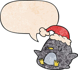 cute cartoon penguin and speech bubble in retro texture style