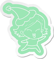 happy cartoon  sticker of a girl wearing santa hat