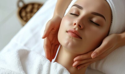 Fototapeta na wymiar Beautiful young woman having a facial massage at the spa salon. Beauty treatment concept.