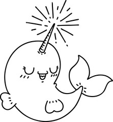 traditional black line work tattoo style happy narwhal