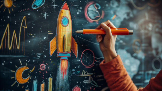 Hand drawing a vibrant rocket ship chalk illustration on a blackboard, surrounded by doodles of astronomical symbols and equations.. - Powered by Adobe
