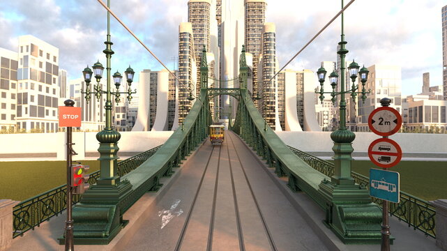路面電車が通る橋　3DCGレンダリング
