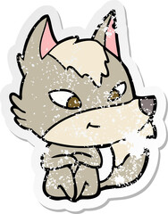 distressed sticker of a friendly cartoon wolf