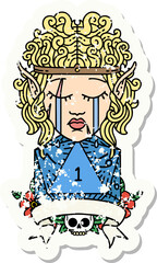 sad elf barbarian character with natural one roll grunge sticker
