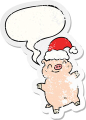 cartoon happy christmas pig and speech bubble distressed sticker