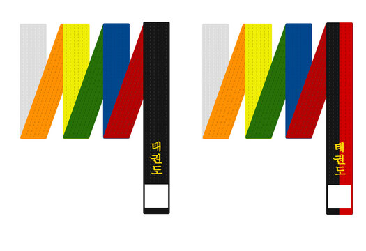 Taekwondo belts evolution bundle vector illustration, taekwondo in Korean hangul