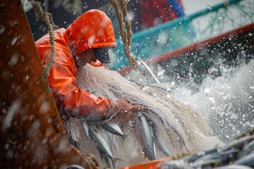 Fisherman emptying net full of fish into hold on trawler. 