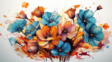 Colorful floral ornament, pattern, wallpaper. Floral art in pop art style, bouquet. Flowers painting drawing with paints. Floral abstract print on clothes, paper, fabric, stationery.