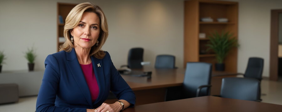 A professional elderly 50 yo woman boss with a poised demeanor stands in an office setting, exuding confidence and leadership