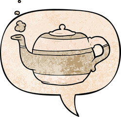 cartoon tea pot and speech bubble in retro texture style