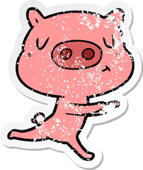 distressed sticker of a cartoon content pig running