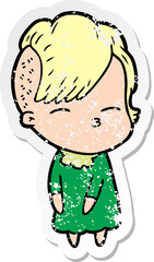 distressed sticker of a cartoon squinting girl
