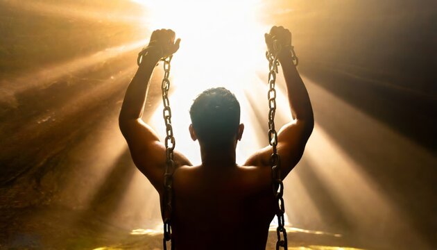 Man from behind freeing himself from thick chains that break with intense white light in background