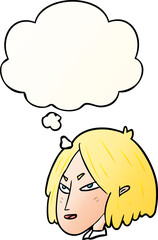 cartoon woman and thought bubble in smooth gradient style