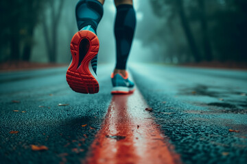 Close-up of runner's legs and shoes on wet road - obrazy, fototapety, plakaty