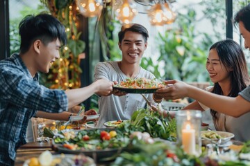 Group of joyful young Asian man and woman having fun, passing and sharing food across table during party 