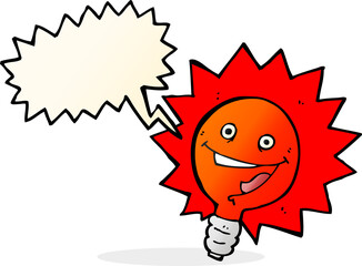 happy flashing red light bulb cartoon  with speech bubble