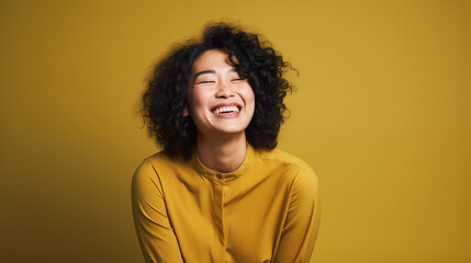 Fototapeta na wymiar Happy smiling Asian woman wearing a yellow shirt on a yellow background