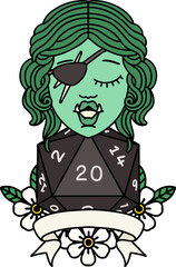 half orc rogue character with natural twenty dice roll illustration
