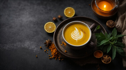 Obraz na płótnie Canvas Golden Indulgence: Top-Down View of Turmeric Latte Cup on a Textured Dark Background